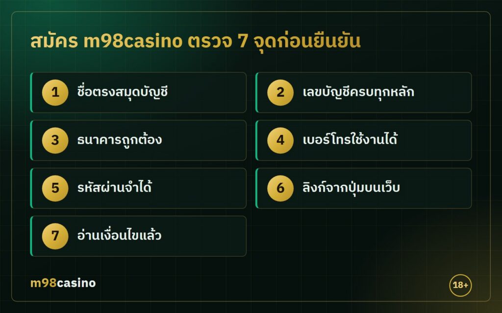 สมัคร m98casino เช็กลิสต์ 7 จุดที่ต้องตรวจก่อนกดยืนยันการสมัคร